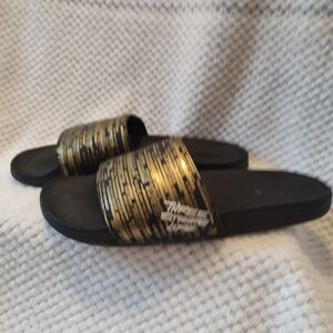 Adidas Black and Gold Slides Three Stripe Life Size 13